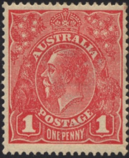 Australia-1914-King-George-V-1-pence-red-I-Single-CR-over-A-P14-25-line-Royalty