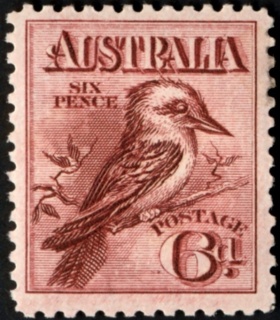 Australia-1914-Kookaburra-facing-right-6-pence-claret-P11-Claret-kookaburra