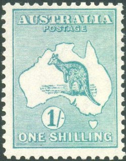 Australia-1915-Kangaroo-Map-1-shilling-green-II-2nd-Single-CR-over-A-P12-Animal