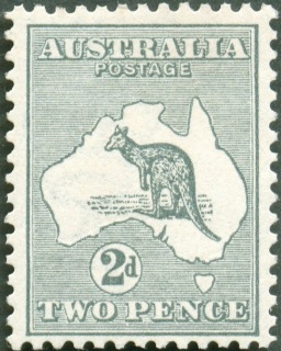 Australia-1915-Kangaroo-Map-2-pence-grey-I-2nd-Single-CR-over-A-P12-Animal