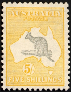 Australia-1915-Kangaroo-Map-5-shilling-grey-and-yellow-II-2nd-Single-CR-over-A-P12-Animal