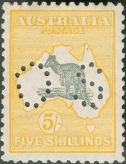 Australia-1915-Kangaroo-Map-5-shilling-grey-and-yellow-II-2nd-Single-CR-over-A-P12-Animal_1