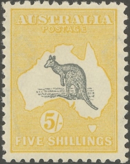 Australia-1915-Kangaroo-Map-5-shilling-grey-and-yellow-II-2nd-Single-CR-over-A-P12-Animal_2