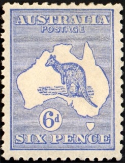 Australia-1915-Kangaroo-Map-6-pence-ultramarine-II-2nd-Single-CR-over-A-P12-Animal