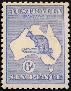 Australia-1915-Kangaroo-Map-6-pence-ultramarine-II-Third-Single-Crown-over-A-P12-Animal