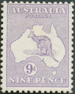 Australia-1915-Kangaroo-Map-9-pence-violet-II-2nd-Single-CR-over-A-P12-Animal