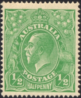 Australia-1915-King-George-V-0-5-pence-bright-green-I-Single-CR-over-A-P14-5-x-14-comb-Royalty