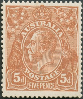 Australia-1915-King-George-V-5-pence-chestnut-I-Single-CR-over-A-P14-25-line-Royalty