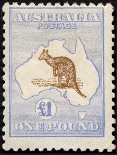 Australia-1916-Kangaroo-Map-1-pound-chocolate-and-dull-blue-II-Third-Single-Crown-over-A-P12-Animal