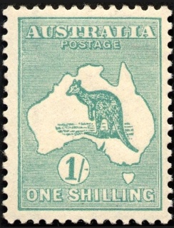 Australia-1916-Kangaroo-Map-1-shilling-blue-green-II-Third-Single-Crown-over-A-P12-Animal