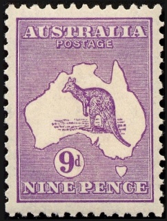 Australia-1916-Kangaroo-Map-9-pence-violet-II-Third-Single-Crown-over-A-P12-Animal