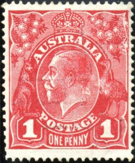 Australia-1916-King-George-V-1-pence-carmine-red-I-Single-CR-over-A-P14-5-x-14-comb-Royalty