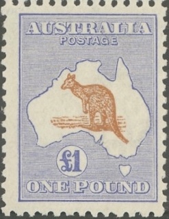 Australia-1917-Kangaroo-Map-1-pound-chestnut-and-bright-blue-II-Third-Single-Crown-over-A-P12-Animal