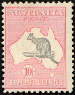 Australia-1917-Kangaroo-Map-10-shilling-grey-and-pink-II-Third-Single-Crown-over-A-P12-Animal