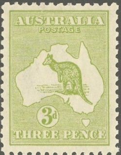 Australia-1917-Kangaroo-Map-3-pence-olive-green-I-Third-Single-Crown-over-A-P12-Animal