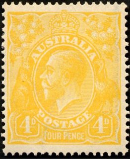 Australia-1917-King-George-V-4-pence-lemon-yellow-Single-CR-over-A-P14-5-x-14-comb-Royalty