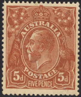 Australia-1917-King-George-V-5-pence-brown-Single-CR-over-A-P14-5-x-14-comb-Royalty