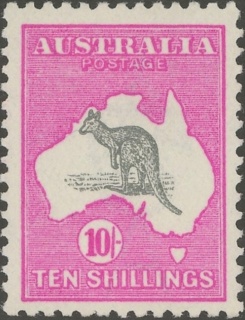 Australia-1918-Kangaroo-Map-10-shilling-grey-and-bright-aniline-pink-II-Third-Single-Crown-over-A-P12-Animal