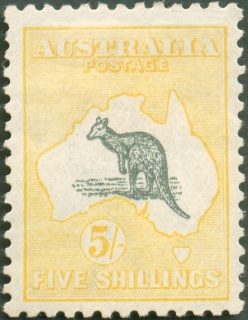 Australia-1918-Kangaroo-Map-5-shilling-grey-and-yellow-II-Third-Single-Crown-over-A-P12-Animal