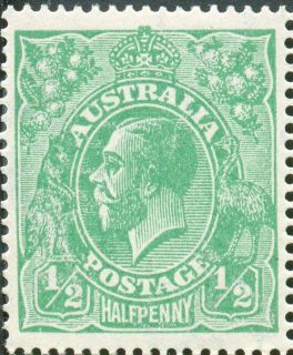 Australia-1918-King-George-V-0-5-pence-green-Large-Multiple-Crown-over-A-P14-Royalty