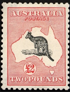 Australia-1919-Kangaroo-Map-2-pound-black-and-rose-II-Third-Single-Crown-over-A-P12-Animal