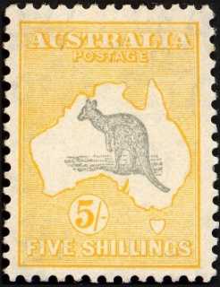 Australia-1920-Kangaroo-Map-5-shilling-grey-and-orange-II-Third-Single-Crown-over-A-P12-Animal