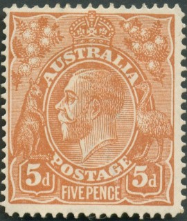 Australia-1920-King-George-V-5-pence-bright-chestnut-I-Single-CR-over-A-P14-25-line-Royalty