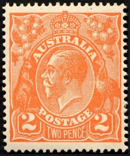 Australia-1921-King-George-V-2-pence-dull-orange-Single-Crown-over-A-P14-Royalty