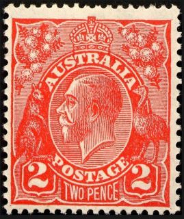 Australia-1922-King-George-V-2-pence-bright-rose-scarlet-Single-Crown-over-A-P14-Royalty