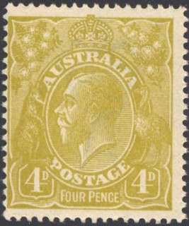 Australia-1924-King-George-V-4-pence-olive-green-Single-Crown-over-A-P14-Royalty