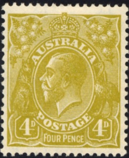 Australia-1928-King-George-V-4-pence-yellow-olive-I-Small-Multiple-P14-Royalty