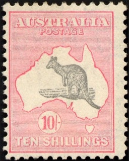 Australia-1929-Kangaroo-Map-10-shilling-grey-and-pink-II-Small-Multiple-Crown-over-A-P12-Animal