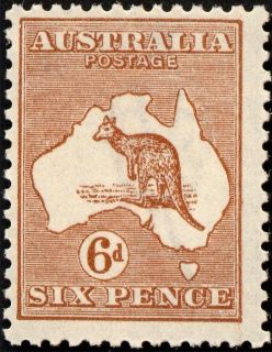 Australia-1929-Kangaroo-Map-6-pence-chestnut-IIB-Small-Multiple-Crown-over-A-P12-Animal