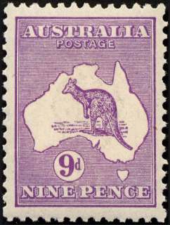 Australia-1929-Kangaroo-Map-9-pence-violet-IIB-Small-Multiple-Crown-over-A-P12-Animal