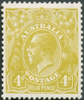 Australia-1929-King-George-V-4-pence-yellow-olive-Small-Multiple-P13-5X12-5-Royalty