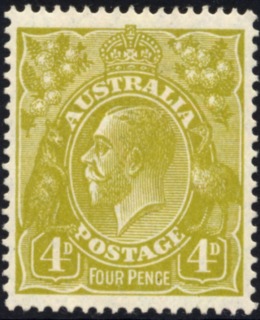 Australia-1929-King-George-V-4-pence-yellow-olive-Small-Multiple-P13-5x12-5-Royalty