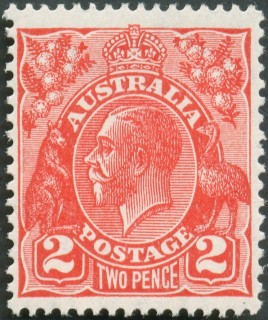 Australia-1930-King-George-V-2-pence-golden-scarlet-III-Small-Multiple-P13-5x12-5-Royalty