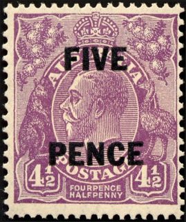 Australia-1930-King-George-V-5-on-4-5-pence-violet-II-Small-multiple-P13-5x12-5-Royalty