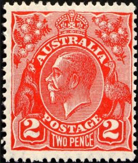 Australia-1931-King-George-V-2-pence-golden-scarlet-III-C-of-A-P13-5X12-5-Royalty