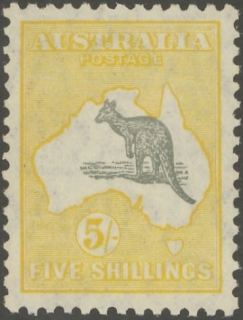 Australia-1932-Kangaroo-Map-5-shilling-grey-and-yellow-II-C-of-A-P12-Animal