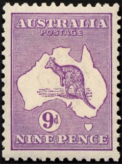 Australia-1932-Kangaroo-Map-9-pence-violet-IIB-C-of-A-P12-Animal