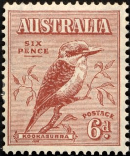 Australia-1932-Laughing-kookaburra-6-pence-red-brown-C-of-A-P13-5x12-5-Kookaburra