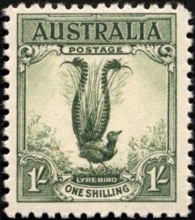 Australia-1932-Lyrebird-1-shilling-green-P11-Bird-facing-right