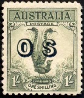 Australia-1932-Superb-lyrebird-1-shilling-yellow-green-P11-Bird-facing-right