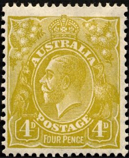 Australia-1933-King-George-V-4-pence-yellow-olive-C-of-A-P13-5X12-5-Royalty