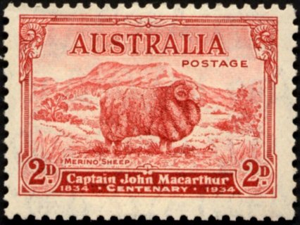 Australia-1934-Death-Centenary-of-Capt-John-Macarthur-2-pence-carmine-red-I-C-of-A-P11-5-Landscape