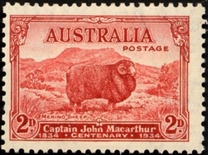 Australia-1934-Death-Centenary-of-Capt-John-Macarthur-2-pence-carmine-red-II-C-of-A-P11-5-Landscape