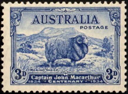 Australia-1934-Death-Centenary-of-Capt-John-Macarthur-3-pence-blue-C-of-A-P12-5-Landscape