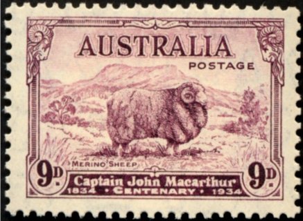 Australia-1934-Death-Centenary-of-Capt-John-Macarthur-9-pence-bright-purple-C-of-A-P13-5-Landscape