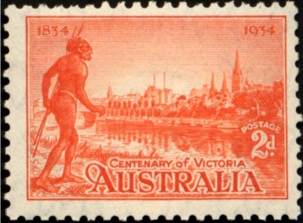 Australia-1934-Melbourne-and-Yarra-River-2-pence-orange-vermilion-C-of-A-P10-5-Landscape